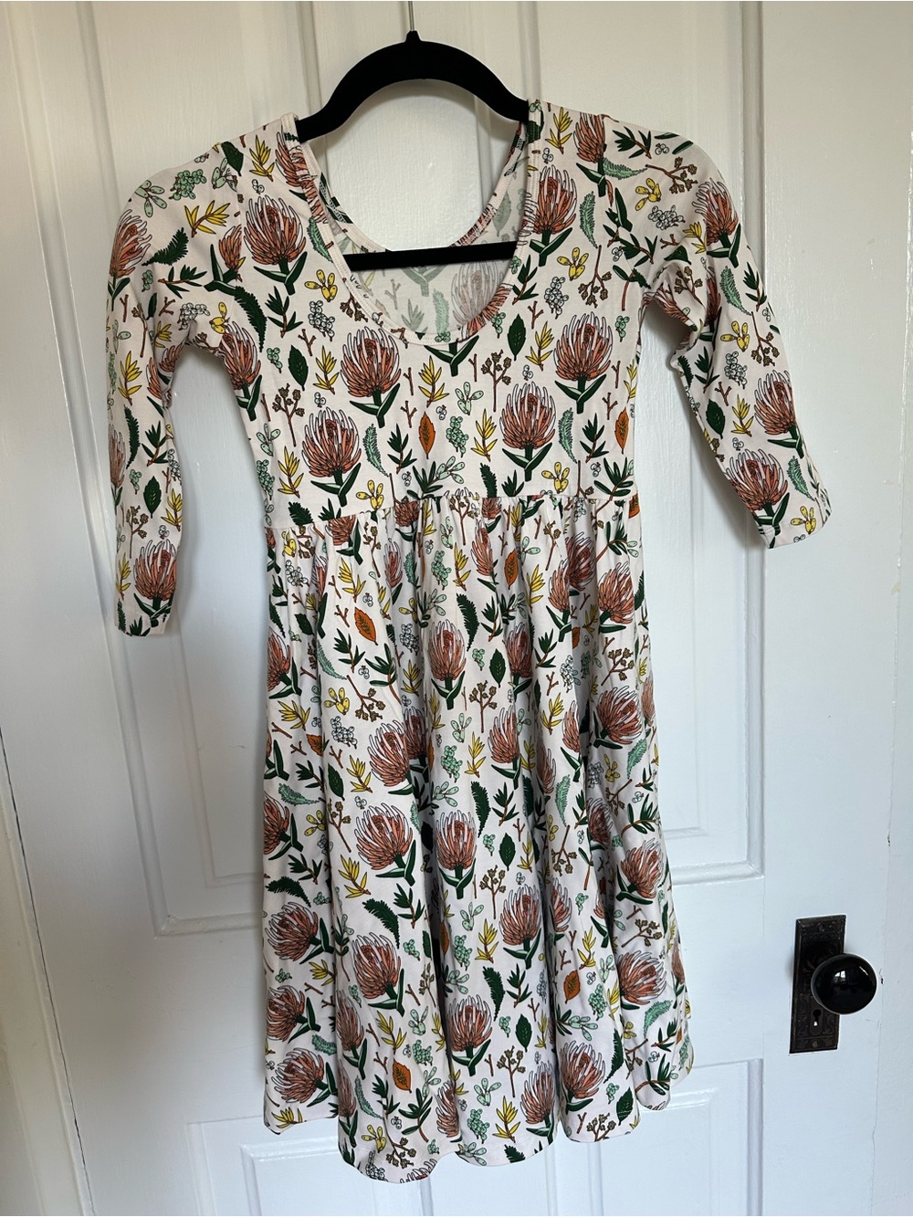 Girls' Floral Scoop Neck Dress in Cream with Brown and Green Print